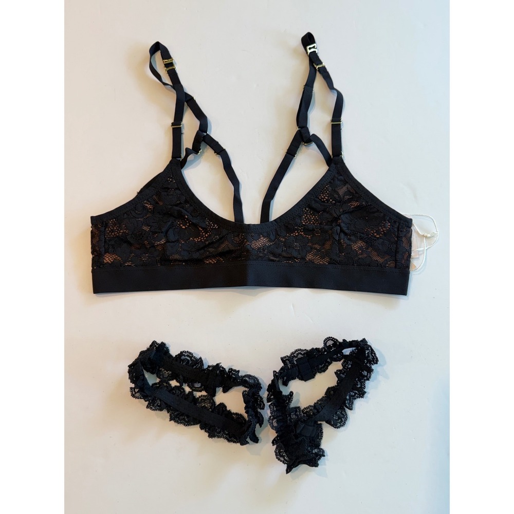Hot-As-Hell HAH Guard Her Bra Garter Belt Set Black Lace Reversible 4-Way Wear S